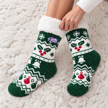Load image into Gallery viewer, The Foozie™ Christmas Holly slipper socks, close-up on a rug