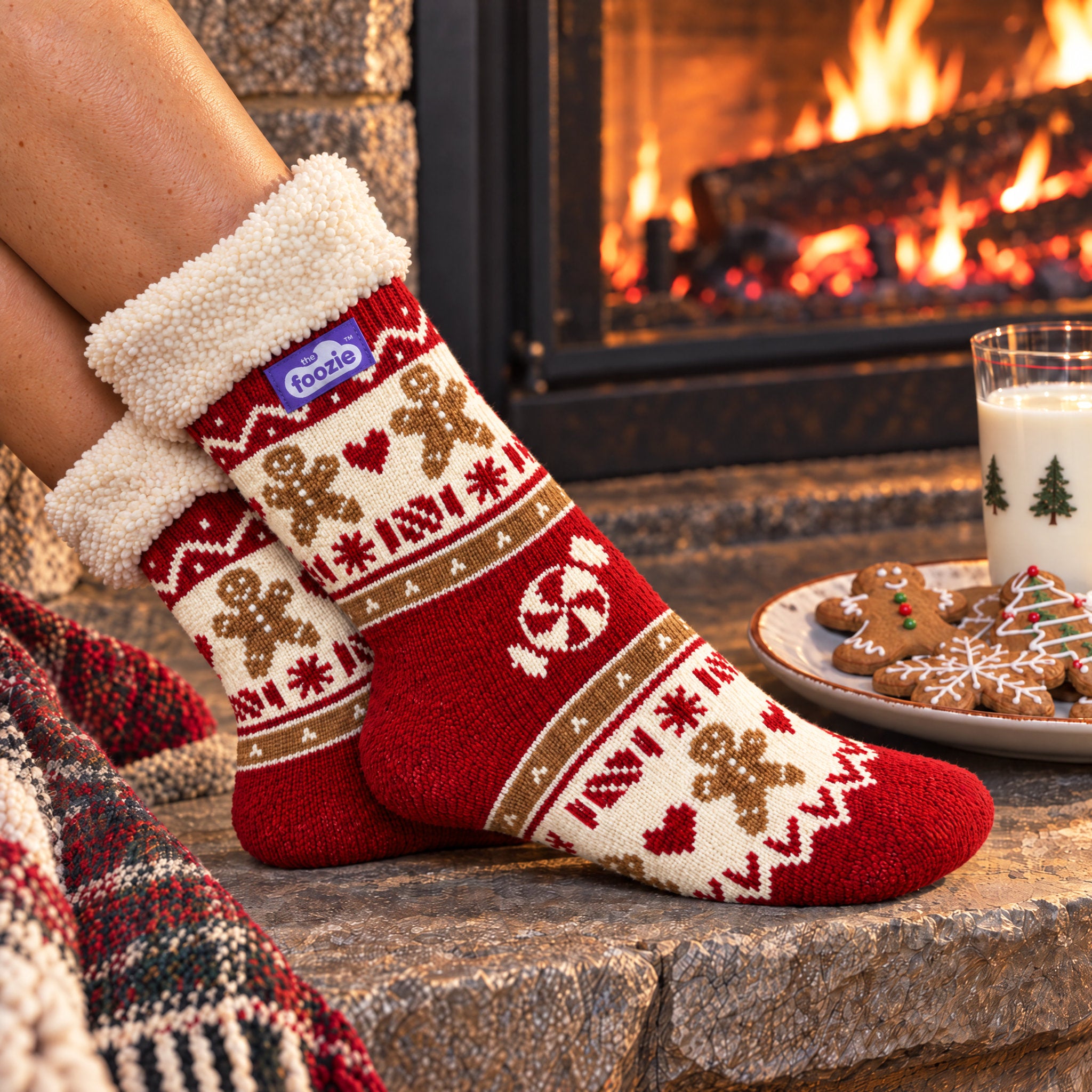 The Foozie™ Christmas Gingerbread slipper socks, by the fire