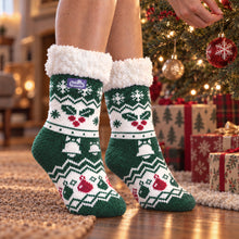 Load image into Gallery viewer, The Foozie™ Christmas Holly slipper socks, by the Christmas tree
