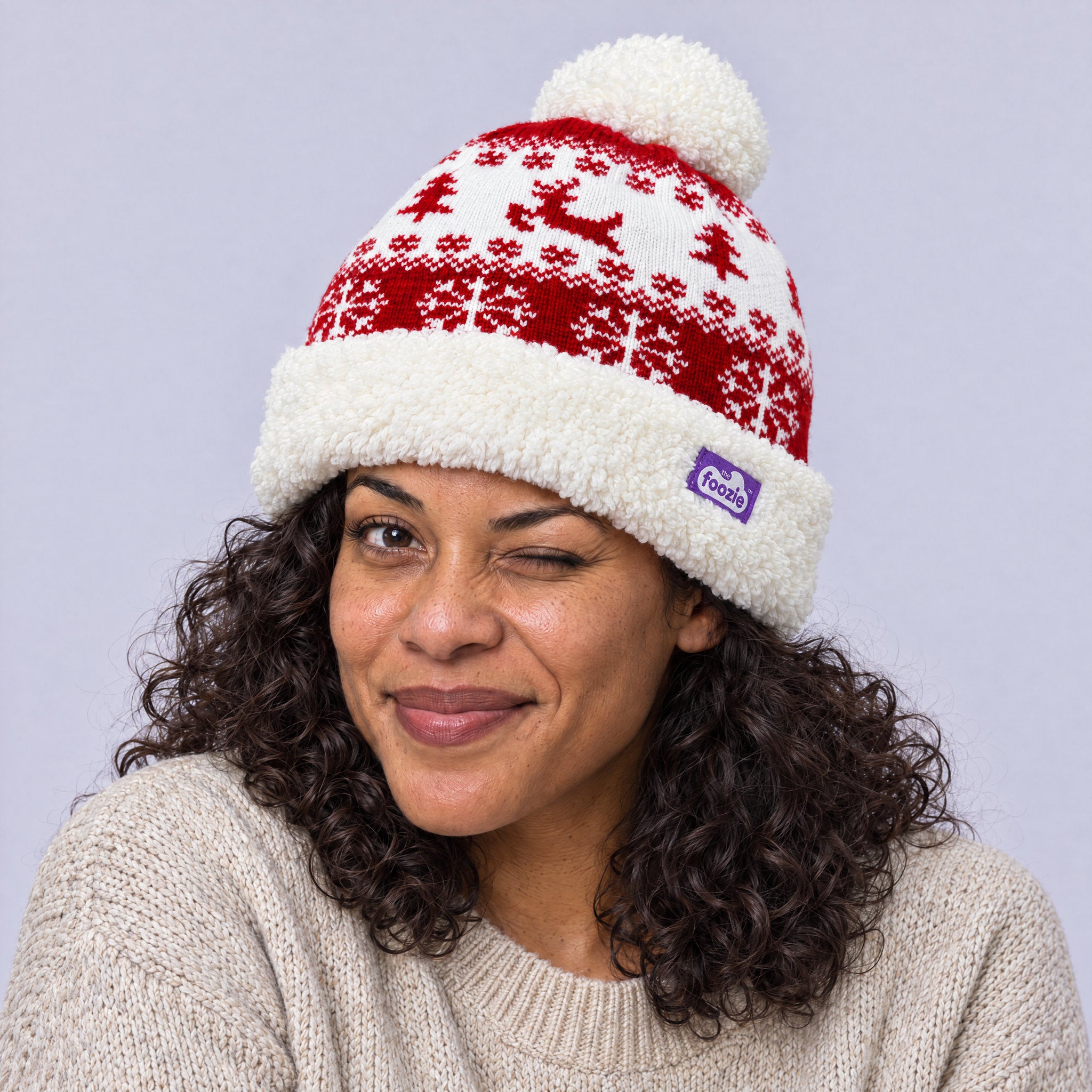 The Foozie™ Reindeer Christmas Beanie, worn by a woman